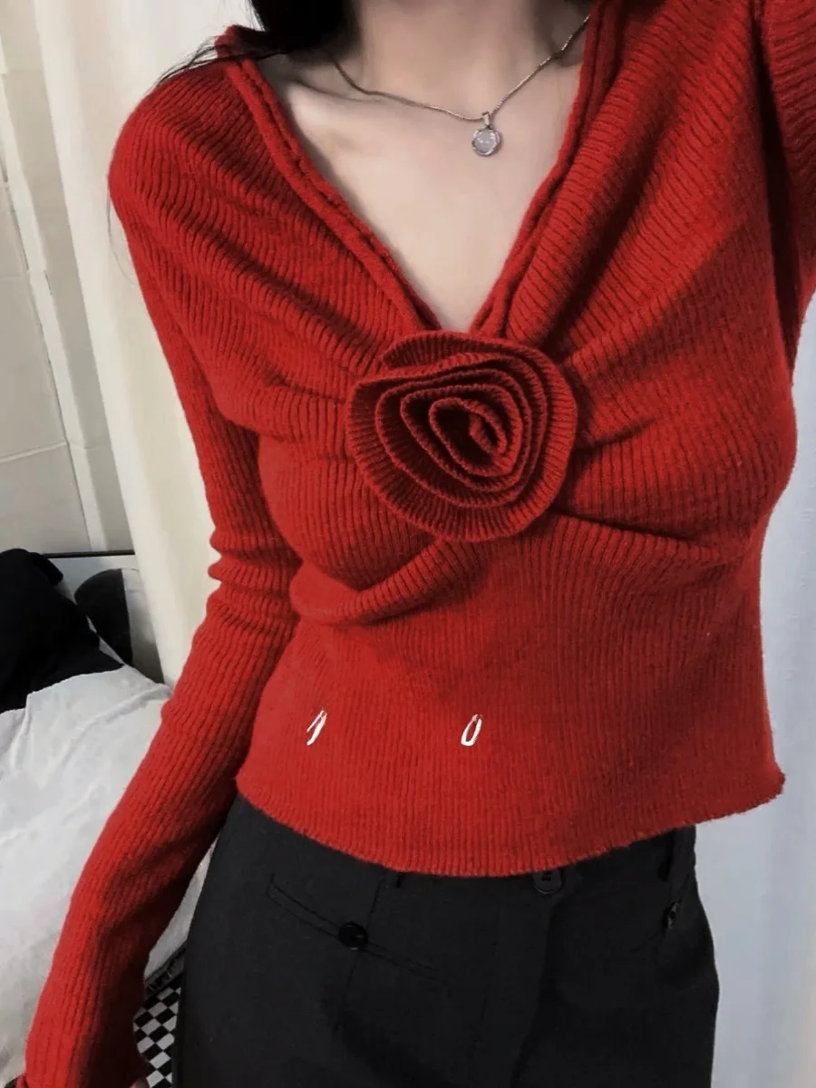 Rose Decorative V-Ne Sweater with Chest Pleats Slim Fit Long Sve Knitted Top for Young Women Commute Sle Regular Length