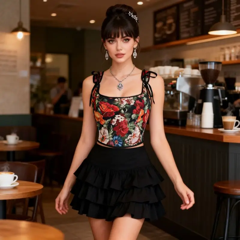 

Retro Floral Print Bustier Jacquard Fabric with Bow Straps Waist Shaping Top