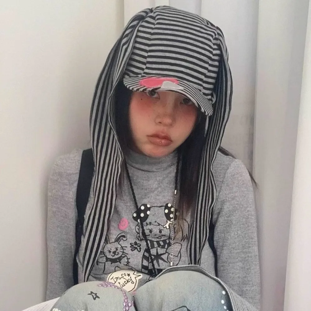 الملابس والاكسسوارات أرنب آذان الأرنب قبعة بيسبول القطن واقية من الشمس لوب الأذن قبعة الهيب هوب Y2K القلب شريط قبعة الشارع