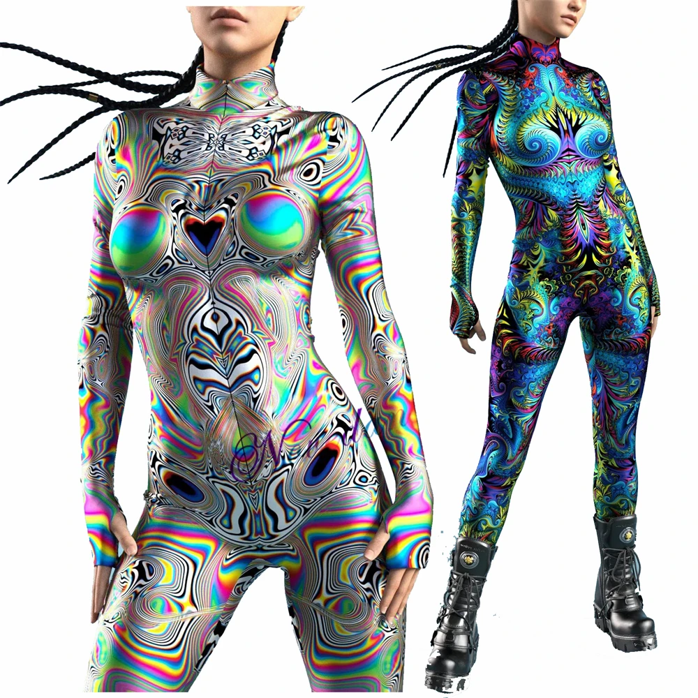 New Multicolour Printing Holiday Party Women Jumpsuit Fashion Sexy Jumpsuit Wear Cosplay Costume Spandex Catsuit Bodysuit Romper