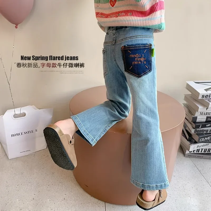 

new spring Autumn Children Girl Jeans Pant Cotton Solid Elastic Waist Kid Girl Flared Pant Casual Denim Pant 4-14Y