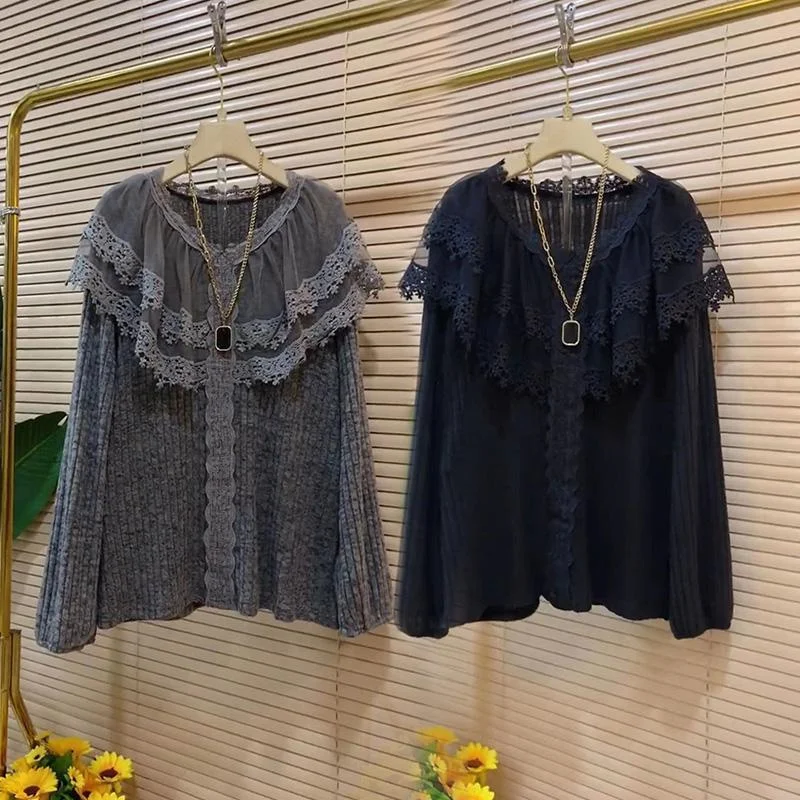 

Женский повседневный топ больших размеров с длинным рукавом, кружевными вставками и плиссированным воротником, свободного кроя, весна-осень, трикотаж