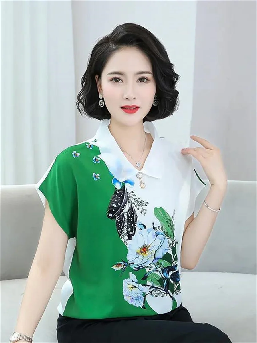 4XL Women Spring Summer Blouses Shirts Lady Fashion Casual Short Sleeve Turn-down Collar Flower Printing Blusas Tops G2122