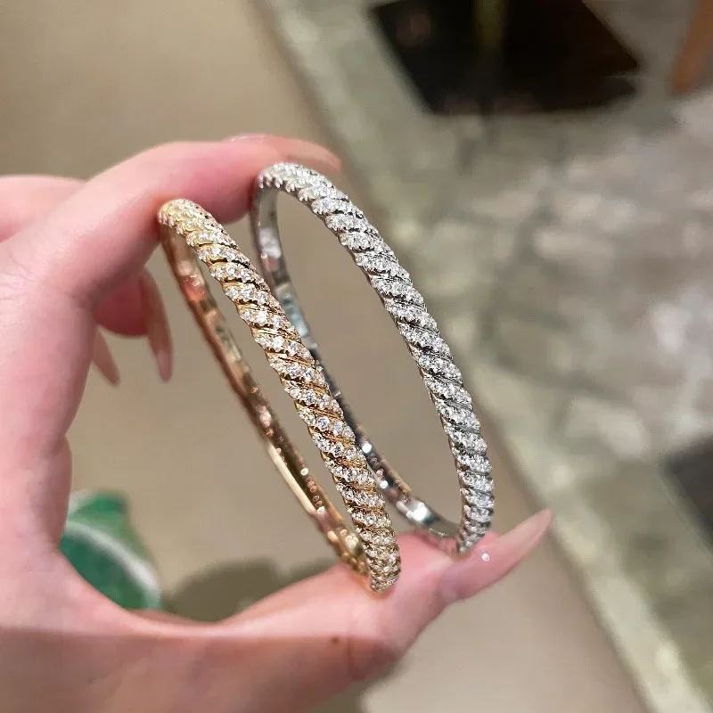 

Luxury and High quality dazzling shiny Spiral bangles for women full diamond silver 925 two color retro charm bracelets jewelry