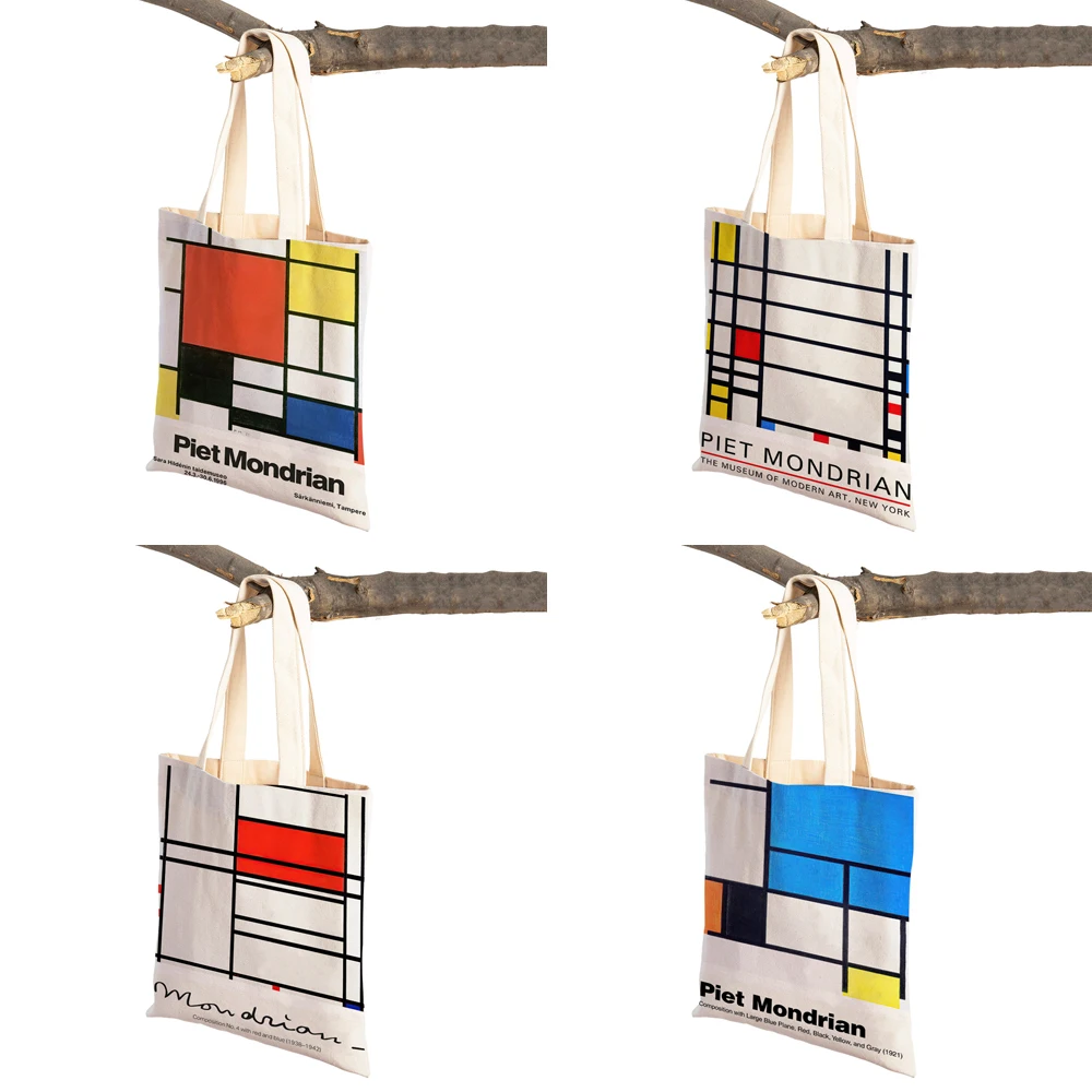 Piet Mondrian Geometric Line Color Block Double Print Shopping Bag Women Shopper Bags Lady Canvas Tote Reusable Travel Handbag