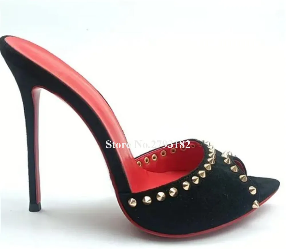 

Sexy Open Toe Black Suede Rivets Thin Heel Slippers Pointed Toe Metal Studs Decorated Stiletto Heel Slip-on Sandals