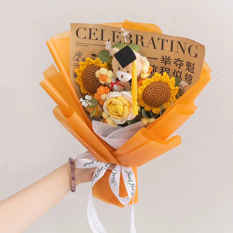 

Finished Handmade Woven Woven Sunflower Puff Bouquet Graduation Season For Friends Children Adult Gift Girlfriend Birthday Gift
