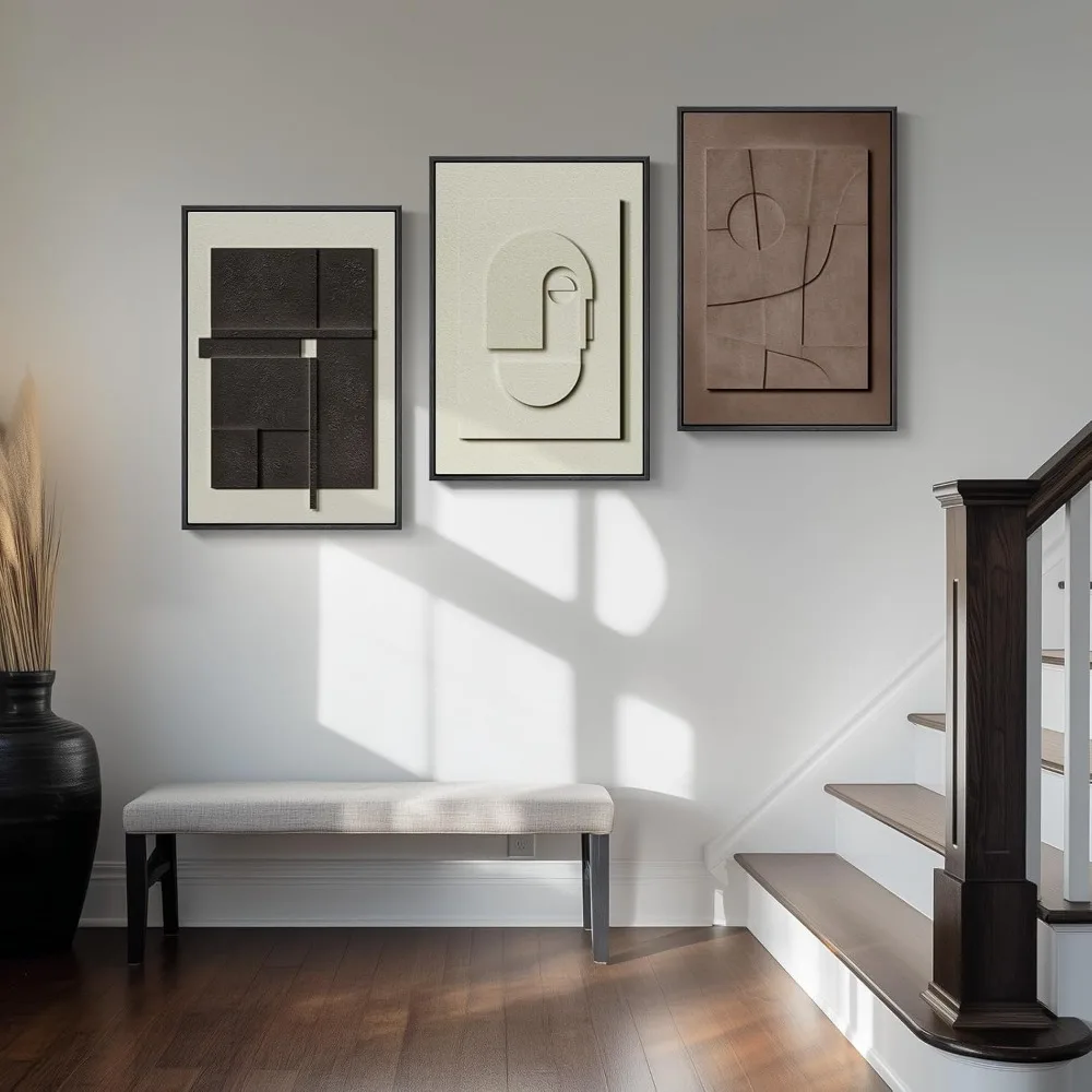 لوحات فنية تجريدية بإطار ثلاثي الأبعاد، 3 قطع لوحات فنية حديثة للجدران، نسيج حجر رملي هندسي أسود وأبيض وبني #5