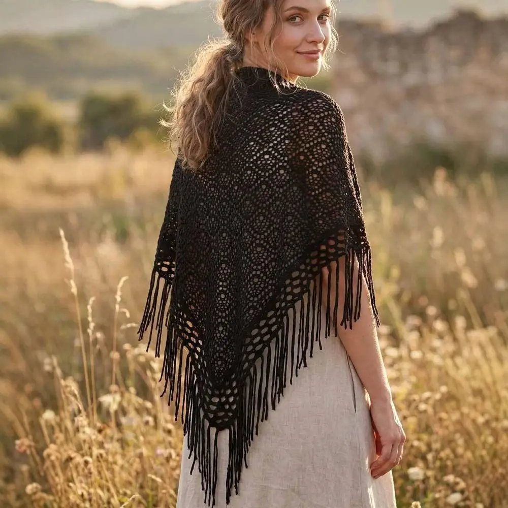 Elegant Cape Knitted Triangle Scarf Cloak Crochet Hollow Out Scarves Thin Korean Style Tassels Shawl Women