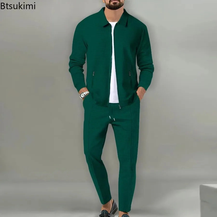 Conjunto informal de dos piezas para hombre, abrigos y pantalones holgados con cremallera y solapa, moda de otoño, 2024