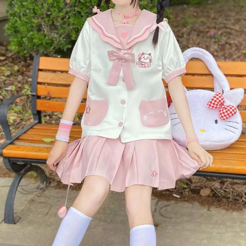 Japanese Cute Ins Soft Girls College Jk Uniform Pink Girl Print Cat Top High Waisted Pleated Skirt Cover Student Girly Clothing