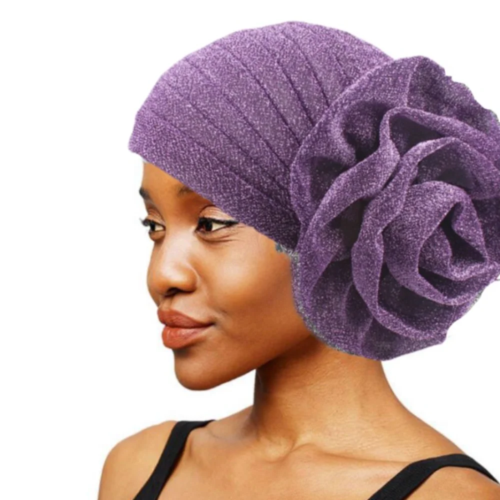 Raw Silk African Turban Caps Big Rose Flower Headwear Nigerian Wedding Geles Lightweight Breathable Bonnet Party Headgear