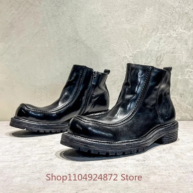 Designer Washed Horse Leather Chelsea Boots Men's Genuine Leather Handmade Retro Ankle Boots Male Casual Work Shoes