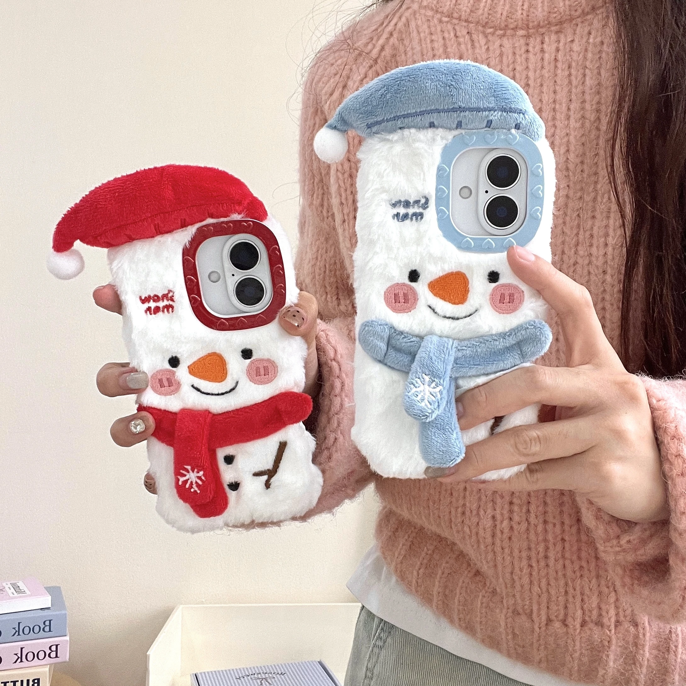 Japan Korea Ins Autumn Winter Plush Scarf Snowman Hat Phone Case for iPhone 16 15 14 13 Pro Max  Back Cover Funda