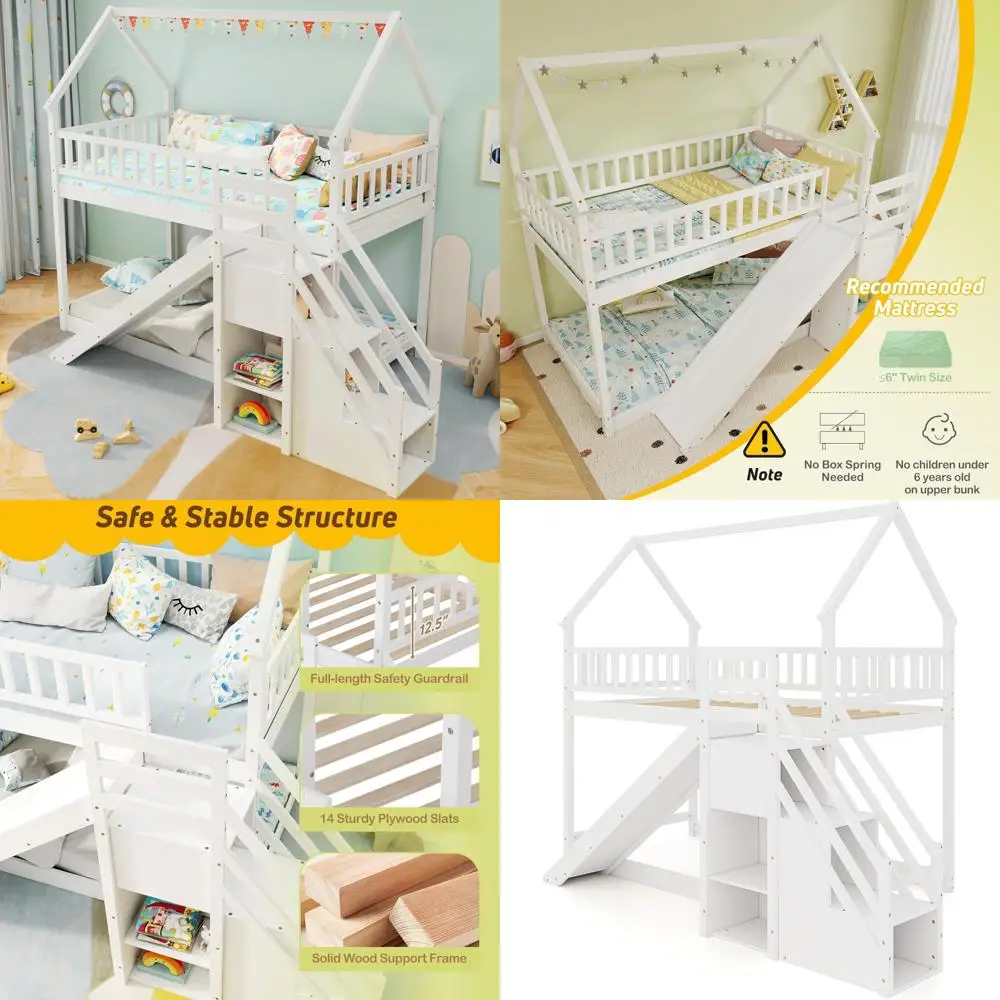 Twin Over Twin Wood Bunk Bed with Slide and Staircase, Twin House Bunk Bed with Safety Rails and Storage, Floor House B