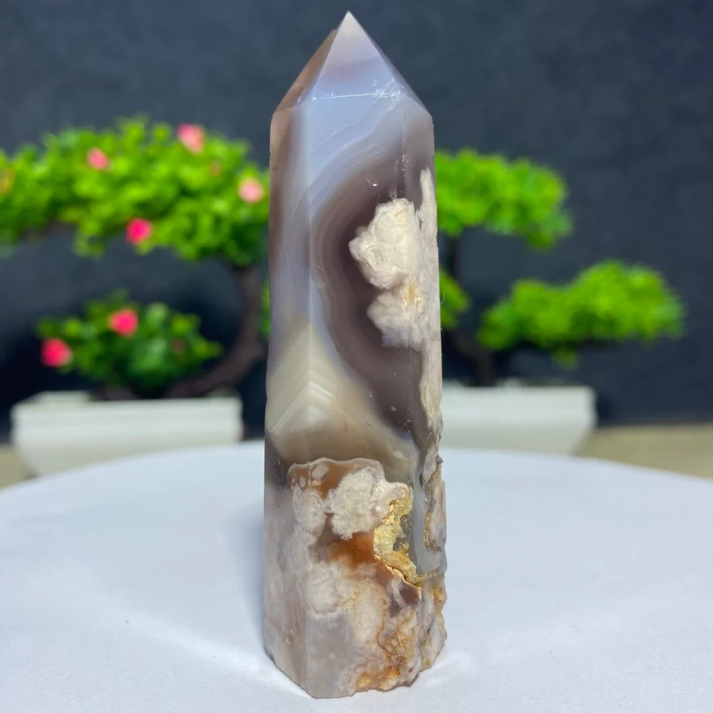 Black Flower Natural Crystal Agate Energy Tower Obelisk Gemstone Healing Wand Mineral Sample Home Decoration Witchcraft