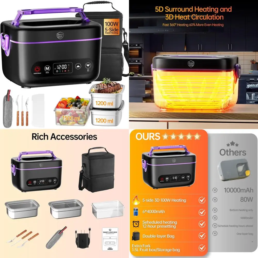

Cordless Electric Heated Lunch Box, 2025 Upgraded 5D Surround Heat Tech, 6x4000mAh Battery, 100W Heating, 220°F Max, 2x1.2L BPA-