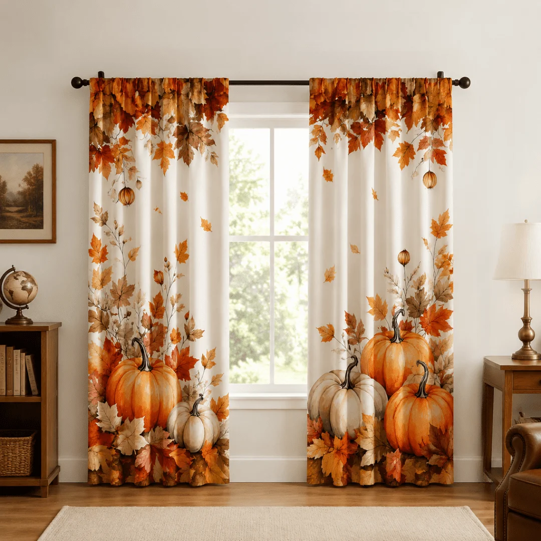 2pcs Halloween Pumpkin Maple Leaf Curtains, Autumn Farmhouse Window Drapes, Cute Fall Harvest Printed Blackout Curtain Panels Fo