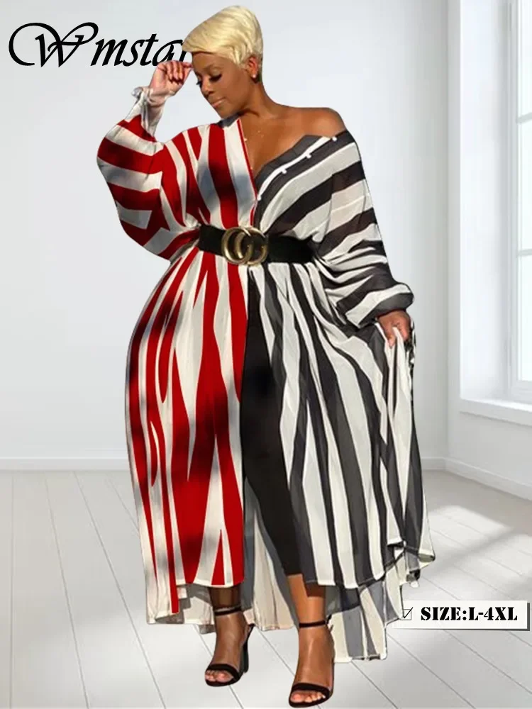 Plus Size Dresses for Women Elegant Lady Striped Loose Sexy Black Button Long Sleeve Maxi Shirts Dress Wholesale Dropshipping