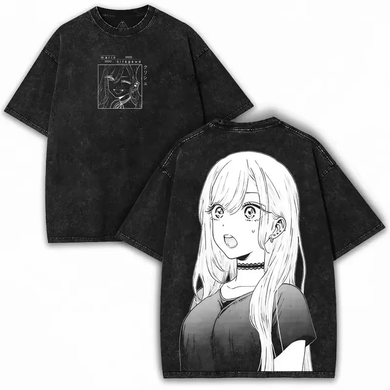 

2026 summer Anime Girl Line Art T-shirt, Vintage Washed, Harajuku Streetwear, Aesthetic Tee for Fans, Casual Otaku Clothing