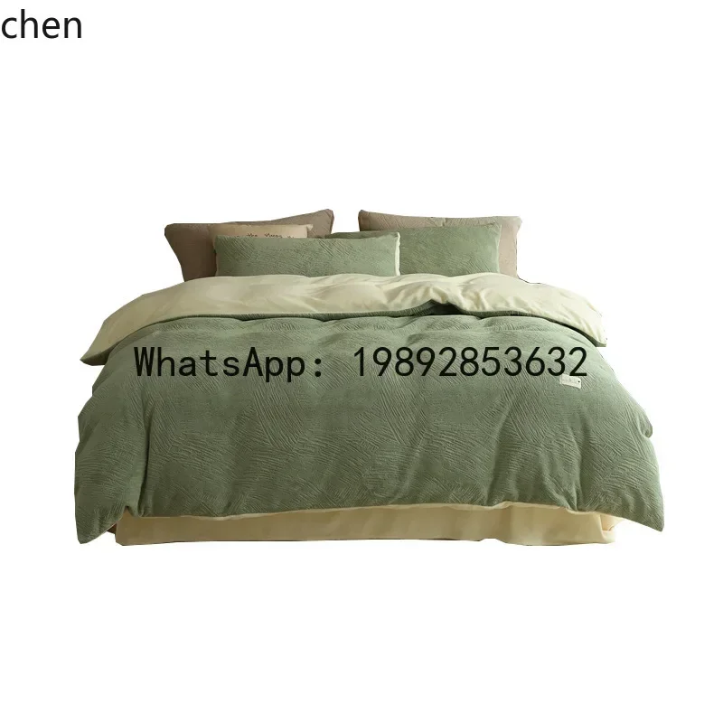 

four-piece winter thickened fleece bed sheet and duvet cover set, coral fleece bedding