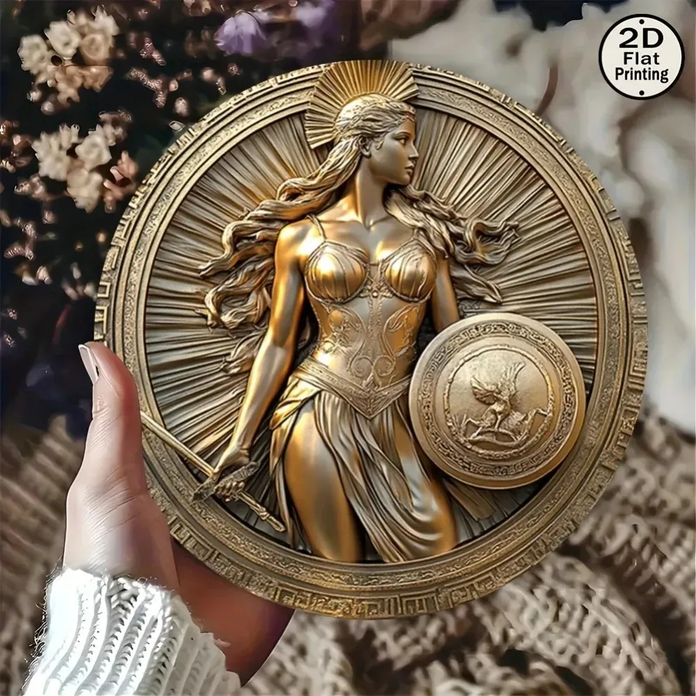 لوحة فنية جدارية ريترو آلهة يونانية أثينا - لافتة ألومنيوم مسطحة مستديرة ثنائية الأبعاد مع ديكور للسيف والدرع