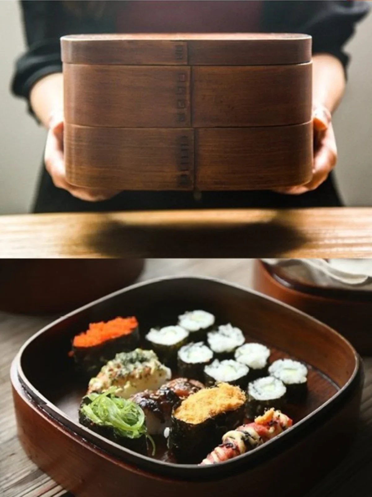 Double-walled large wooden bento box, creative lunch box, sushi box, picnic