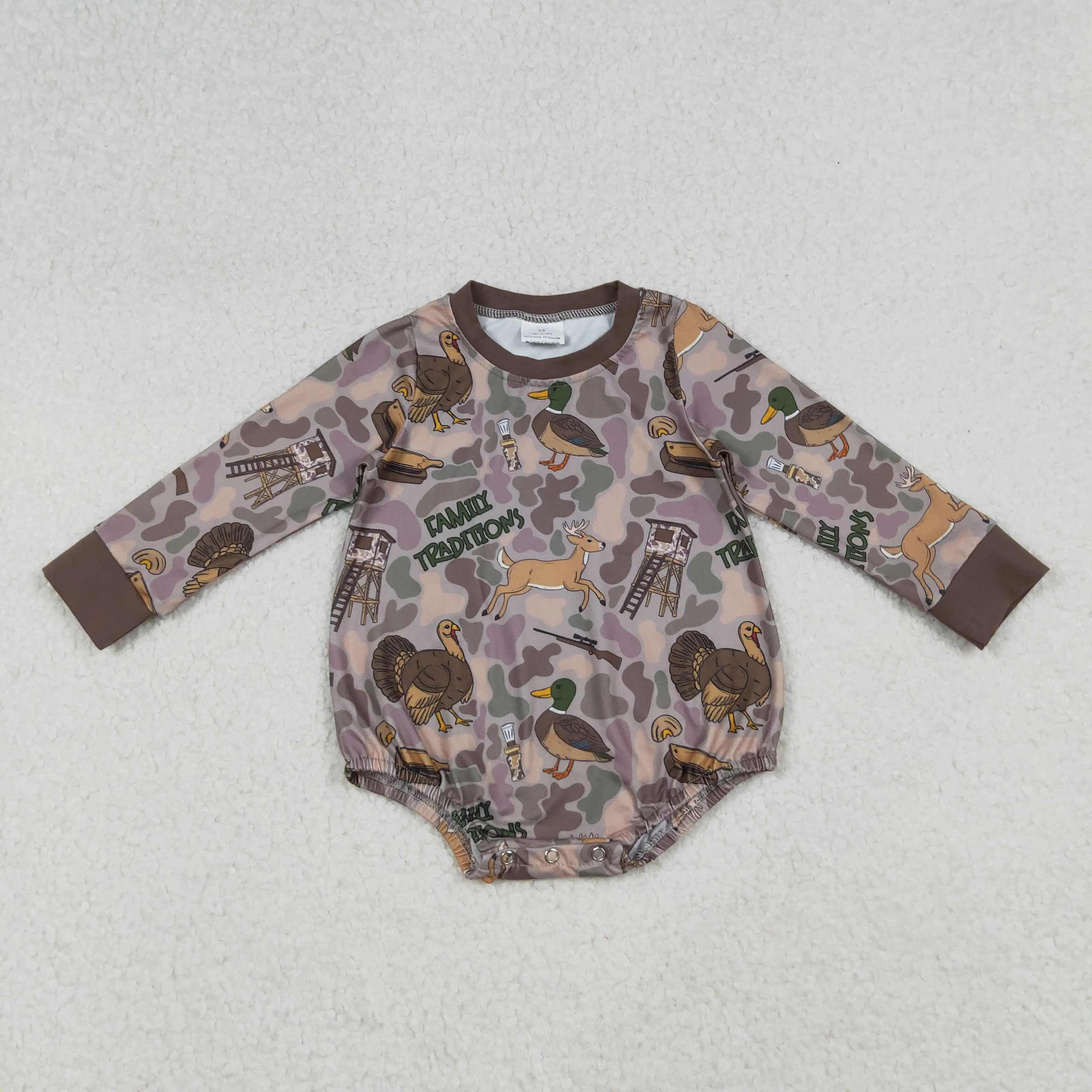 

X9.29 Wholesale boutique boy baby romper wholesale duck camo brown long sleeve onesie