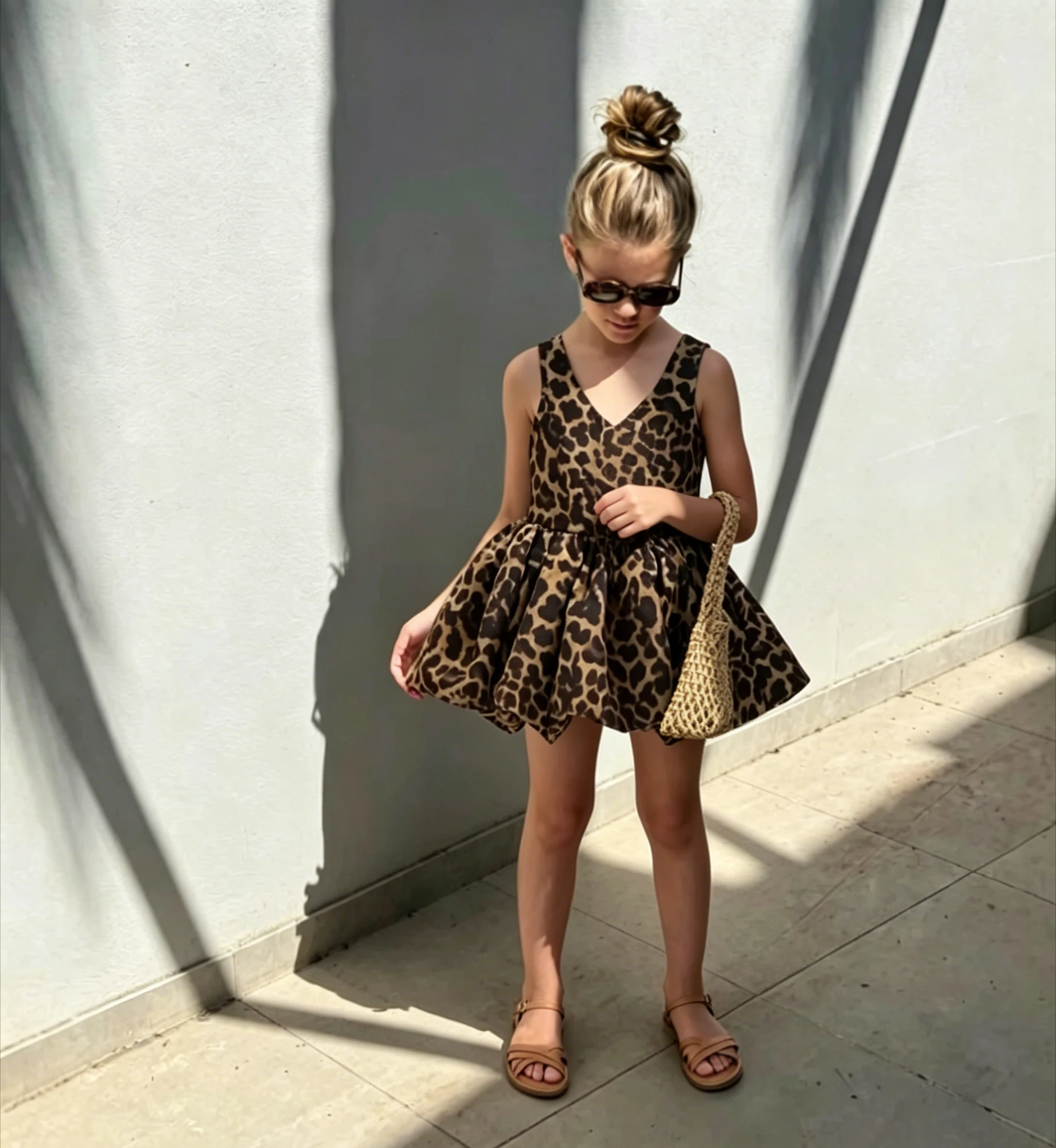 Mädchen Leopardenmuster Kleid 2026 Sommer Neuer Prinzessinnen-Stil Retro Sommer Flauschiger Rock Mädchen Blütenknospen-Rock