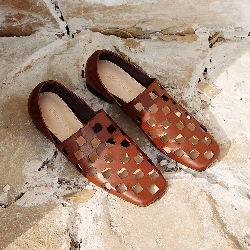 

MKKHOU Fashion Women's Shoes New High Quality Genuine Leather Shoes Hollow Brown Sandals Breathable Summer Lightweight Shoes