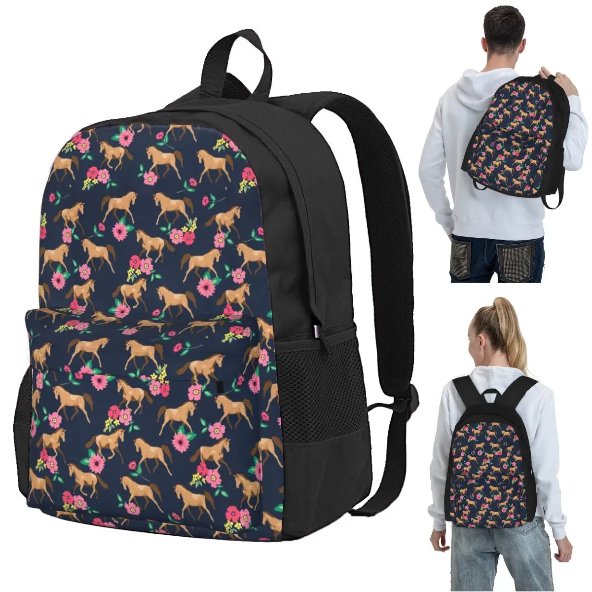 

Floral Horse On Blue Pattern Backpack Student BookBag Kids School Bag Computer Shoulder Bags for Boys Girls