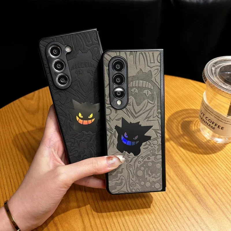 Japan Anime Pocket Monsters Pokemon Gengar Laser Phone Case For Samsung Galaxy Z Fold 6 5 Hard Leather Back Cover For Z Flod 4