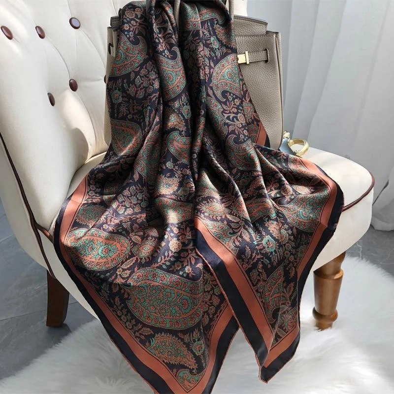 110 * 110cm Brocade Satin Large Square Scarf Spring And Autumn Version Versatile Satin Square Silk Scarf Shawl Beach Towel