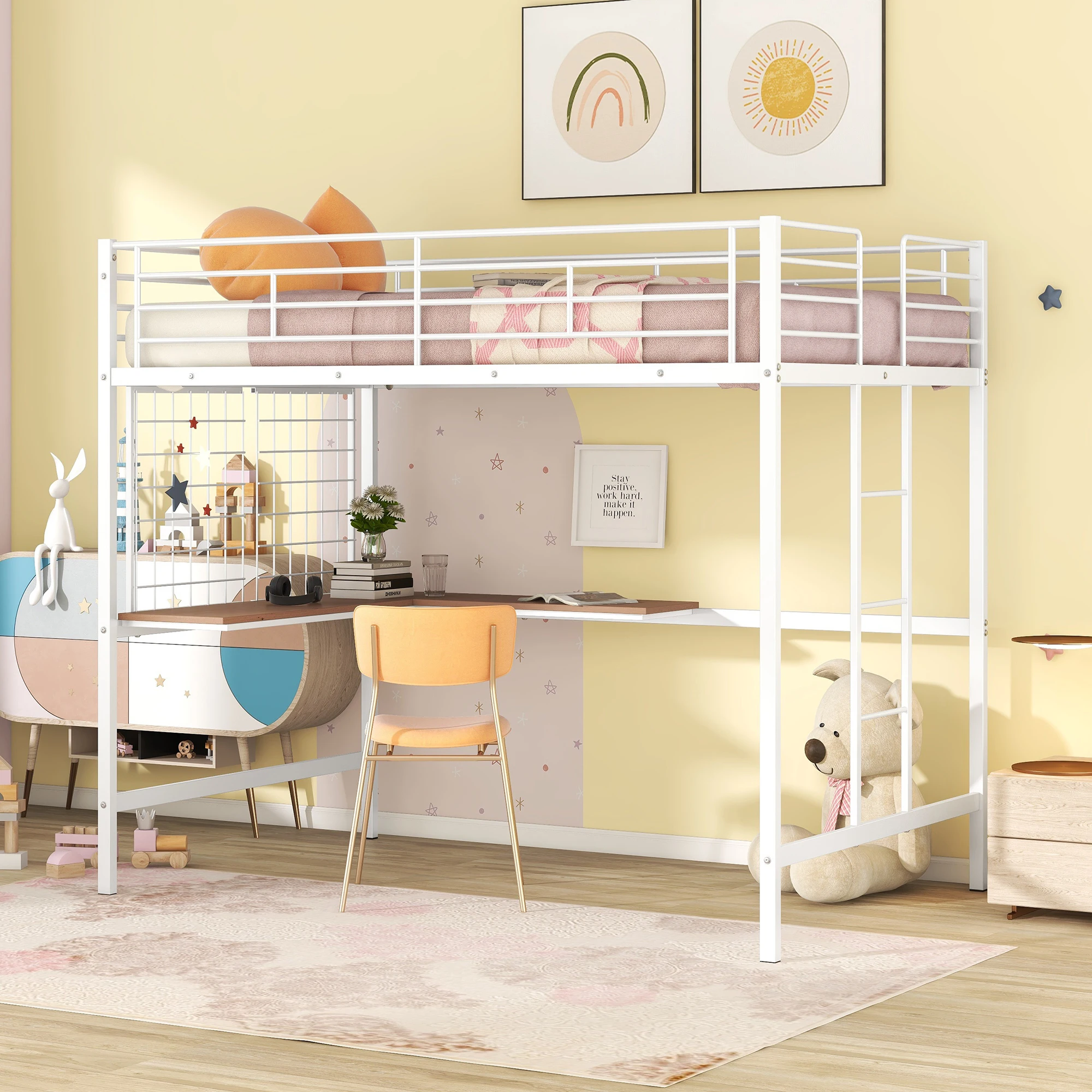

Full Metal Loft Bed with Desk and Metal Grid, White 77.20x56.10x67.90 in.