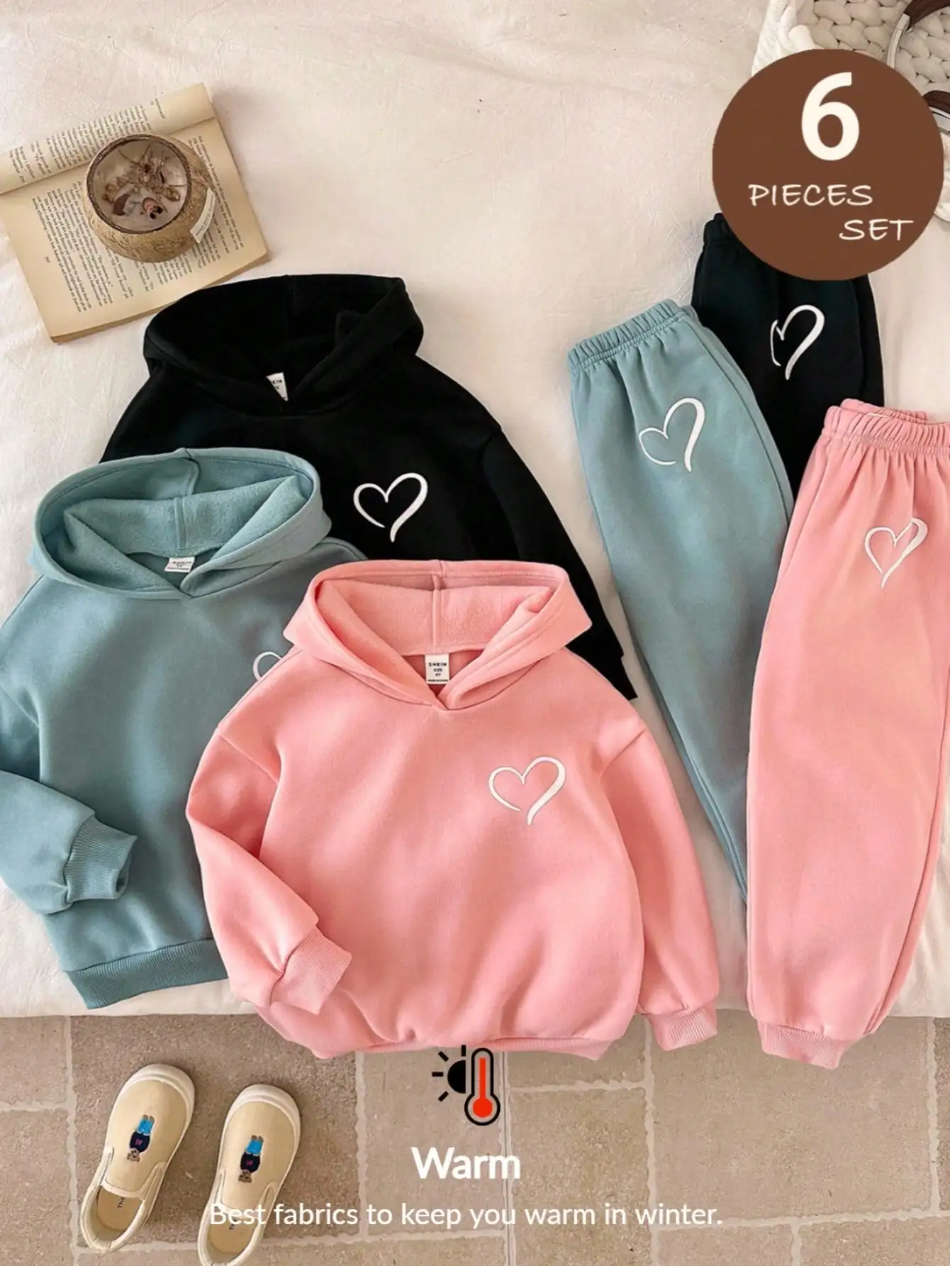 

6-Piece Kids Solid Color Heart Print Hoodie & Jogger Set, Warm Fleece Loungewear for Autumn Winter