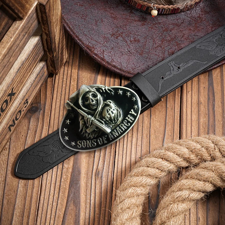 Western Men's Denim Belt Retro Belt Skull Sickle Belt Buckle Hip-Hop Personality Retro Style Unisex Matching Jeans/Casual Pants