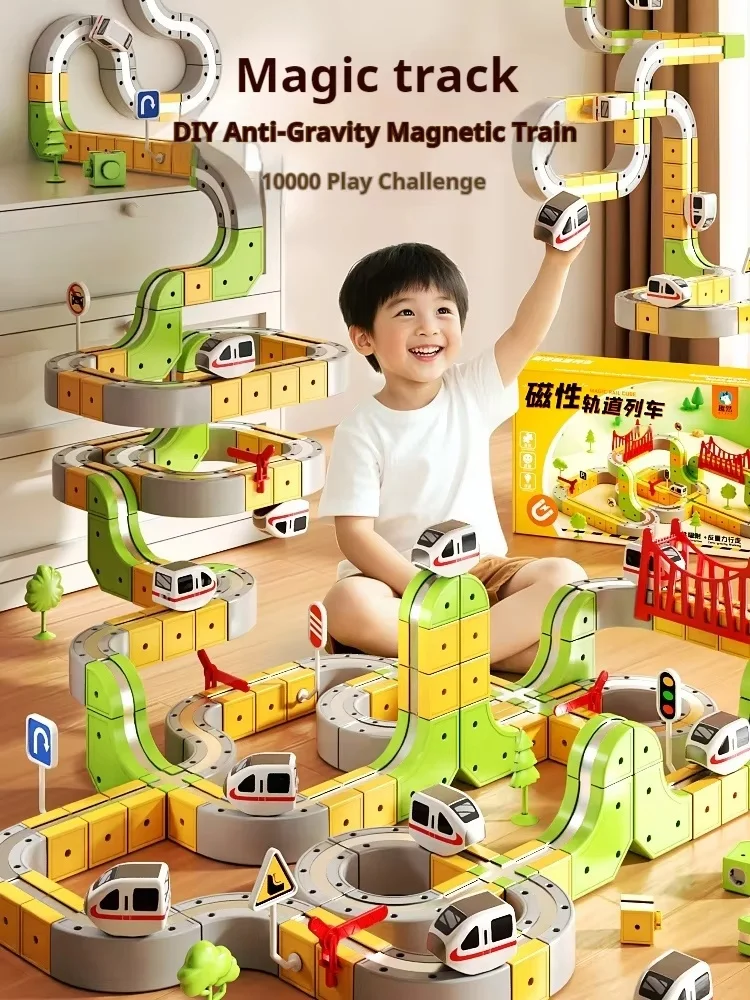 Zabawka kolejka magnetyczna z możliwością zmiany układu torów, szybka, dla chłopców i dziewczynek, edukacyjna, do samodzielnego montażu, pojazd na torach, prezent (bez zdalnego sterowania).