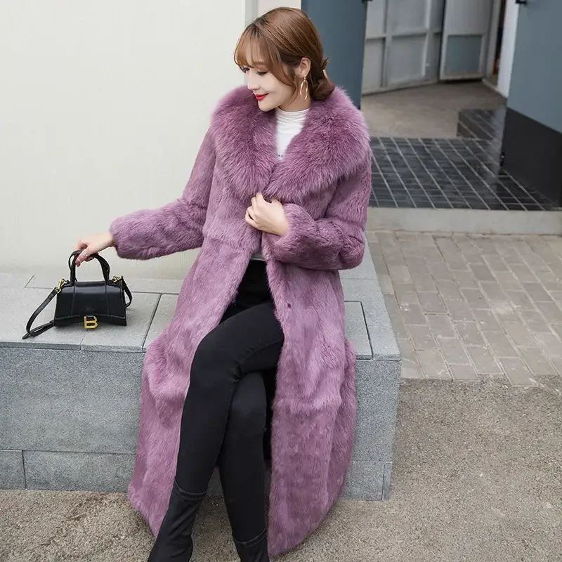 Rabbit Fur Coat for Women, Long Below The Knee, Fox Fur Collar, Slim Fit, Plus Size Outwear, Temperament V-neck, Winter, New