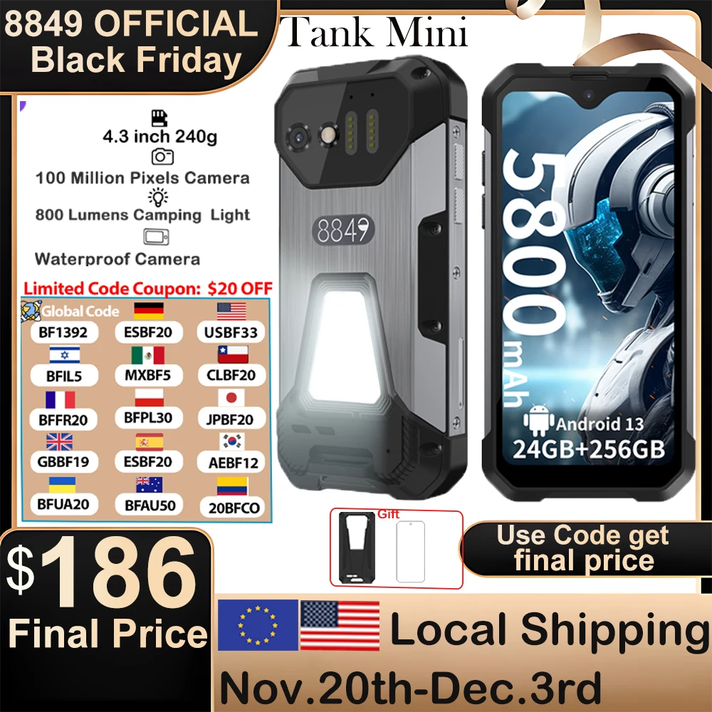 

Мини-прочный смартфон 8849 Tank, 16/24 ГБ, 256 ГБ, 5800 мАч, 100 Мп, камера Android 13, мобильный телефон, 4,3-дюймовый водонепроницаемый мобильный телефон