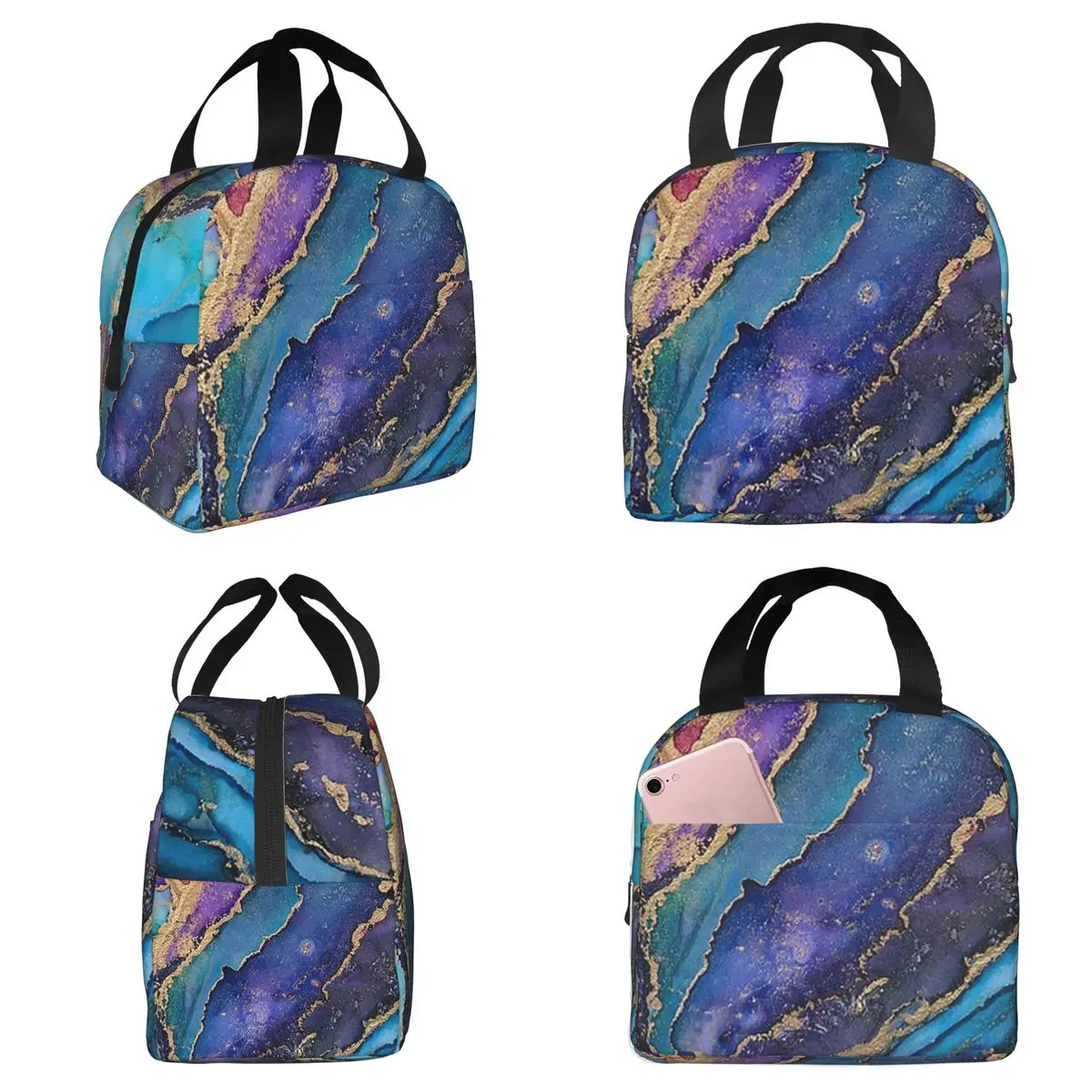 Blue Purple Gilded Luxury Gold Marble Insulated Lunch Bag for Women Cooler Thermal Food Box Tote Portable Lunch Boxes Container
