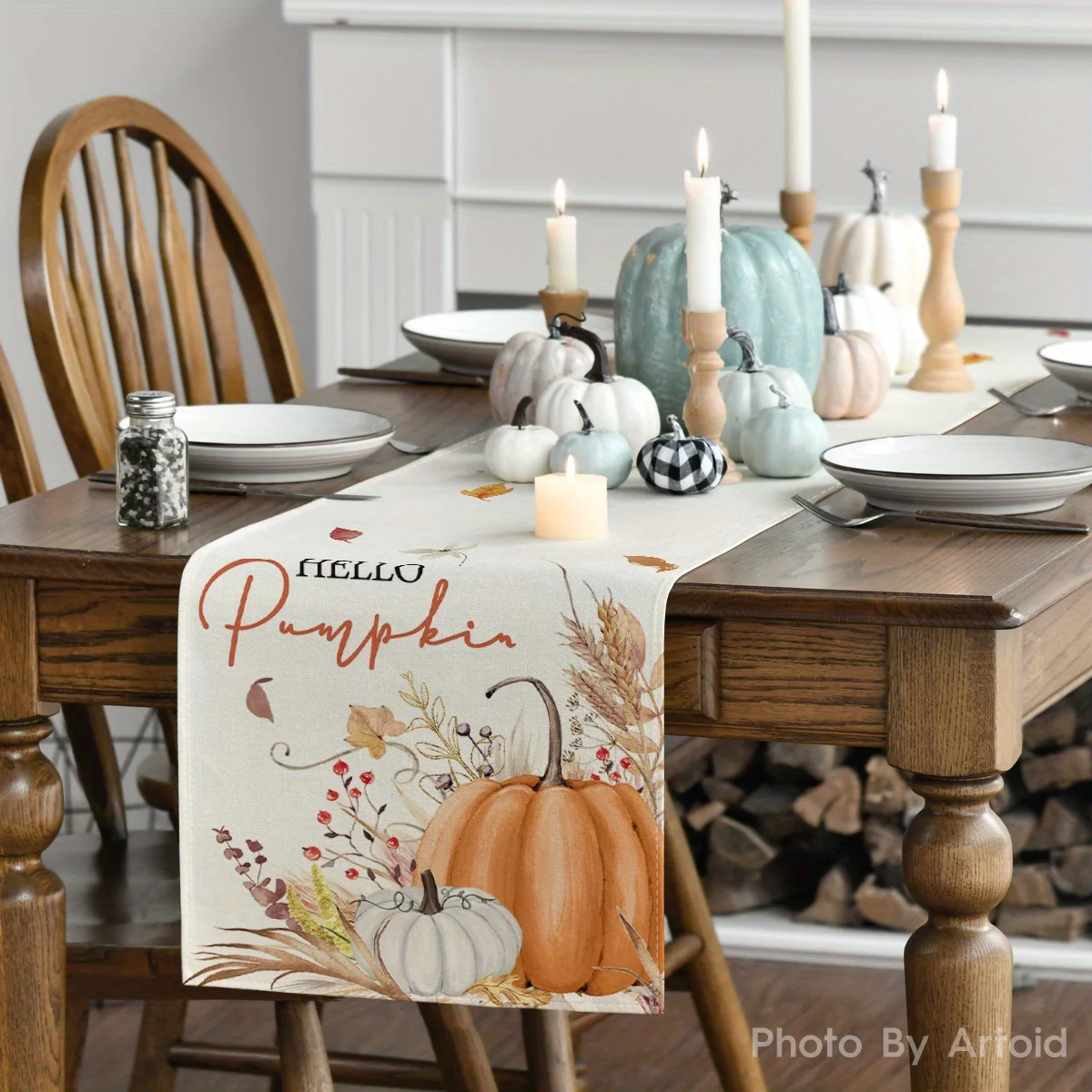 Autumn Harvest Table Runner Hello Pumpkin Flowers Leaves Thanksgiving Table Runner & Place Mats Set, Vintage Fall Harvest