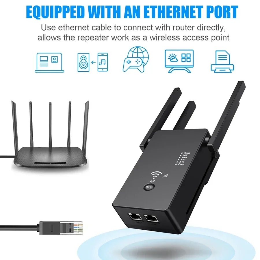 1200M Wifi Repeater 5GHz Wireless Router 2.4Ghz Access Point Long Signal Amplifier Wi-Fi Booster Range Extender for Home Office