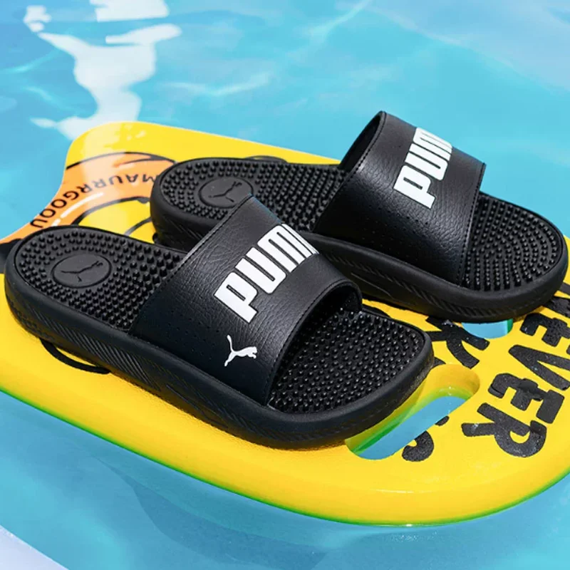 2026 383062-01 Men Puma Slide Sandals , Black EVA Comfort Shower Slides With White Logo, Summer Casual Beach Slippers