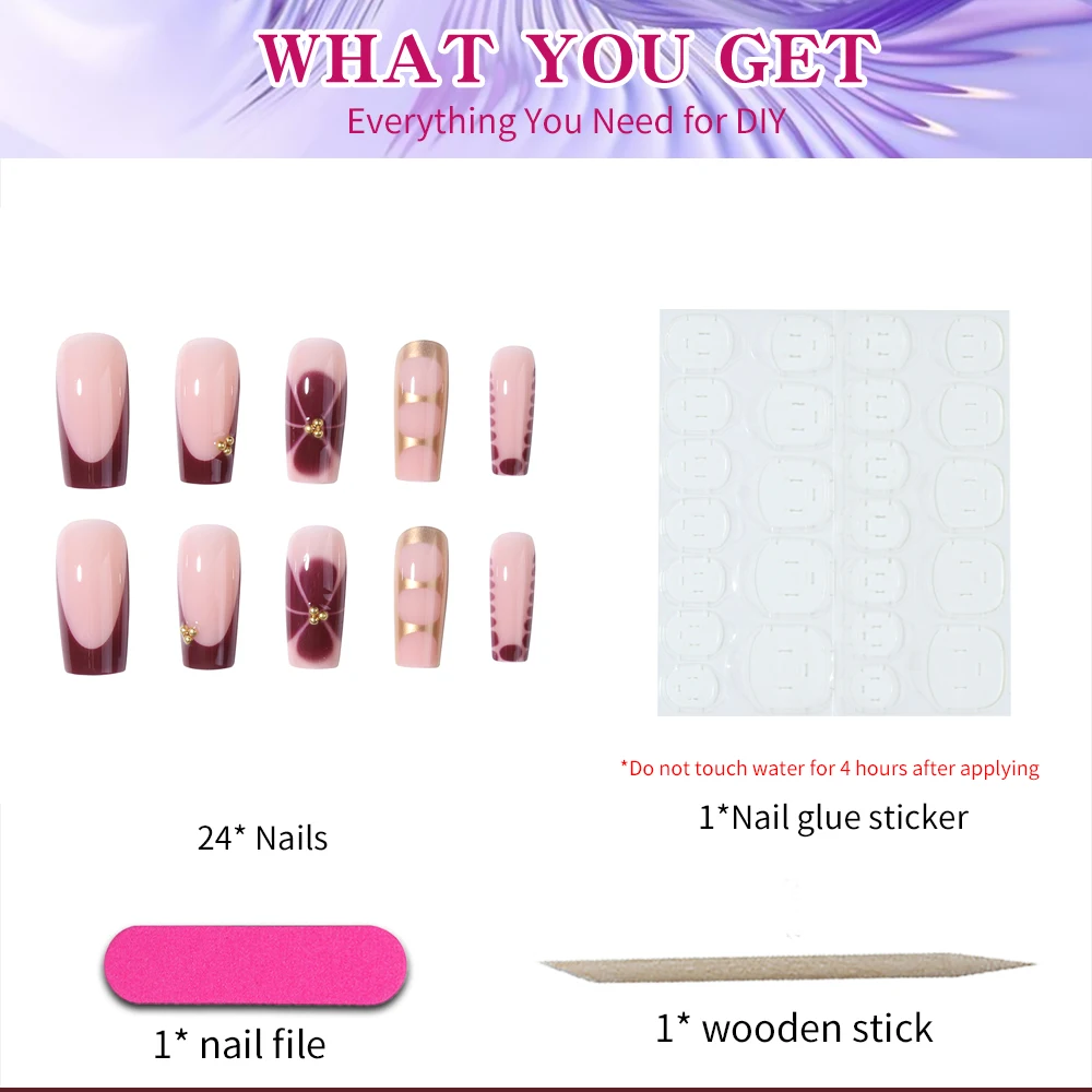 24 stuks lange doodskistvormige bloemen nagelstickers om uw modestijl te verbeteren! Franse nagelstickers, minimalistisch en chic, herbruikbaar.