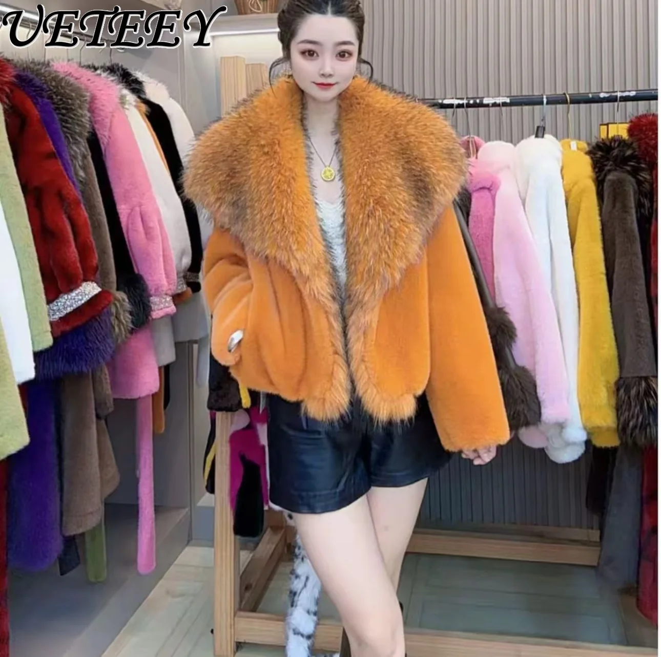 Cappotto invernale in pelliccia di visone nuovo stile corto con collo in pelliccia Cappotto in pelliccia sintetica alla moda Abiti caldi colorati alla moda larghi