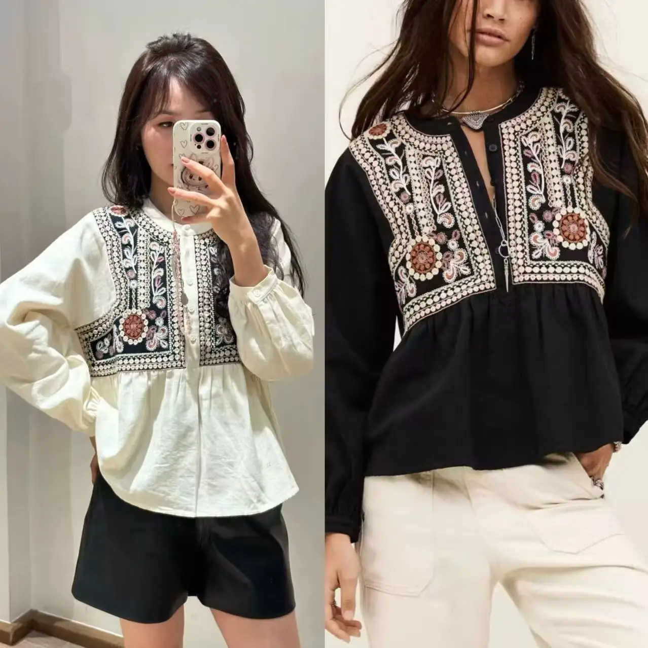 

Новая женская хлопковая блузка свободного кроя с вышивкой, круглым вырезом и рукавами-фонариками во французском стиле, осень-зима