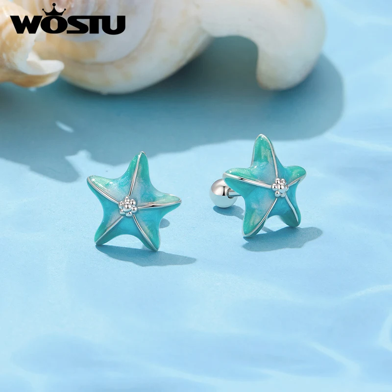 WOSTU Ocean Jewelry Green Blue Starfish Stud Earrings for Women, Cooper White Gold Plated Studs 925 Silver backs Holiday Gift