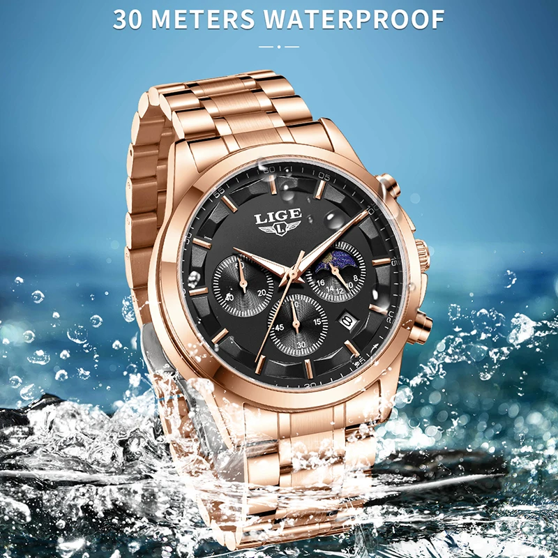 LIGE Fashion Casual Watch For Men Outdoor Sport Waterproof Luminous Men Watch Stainless Steel Chronograph Quartz Wristwatch Men