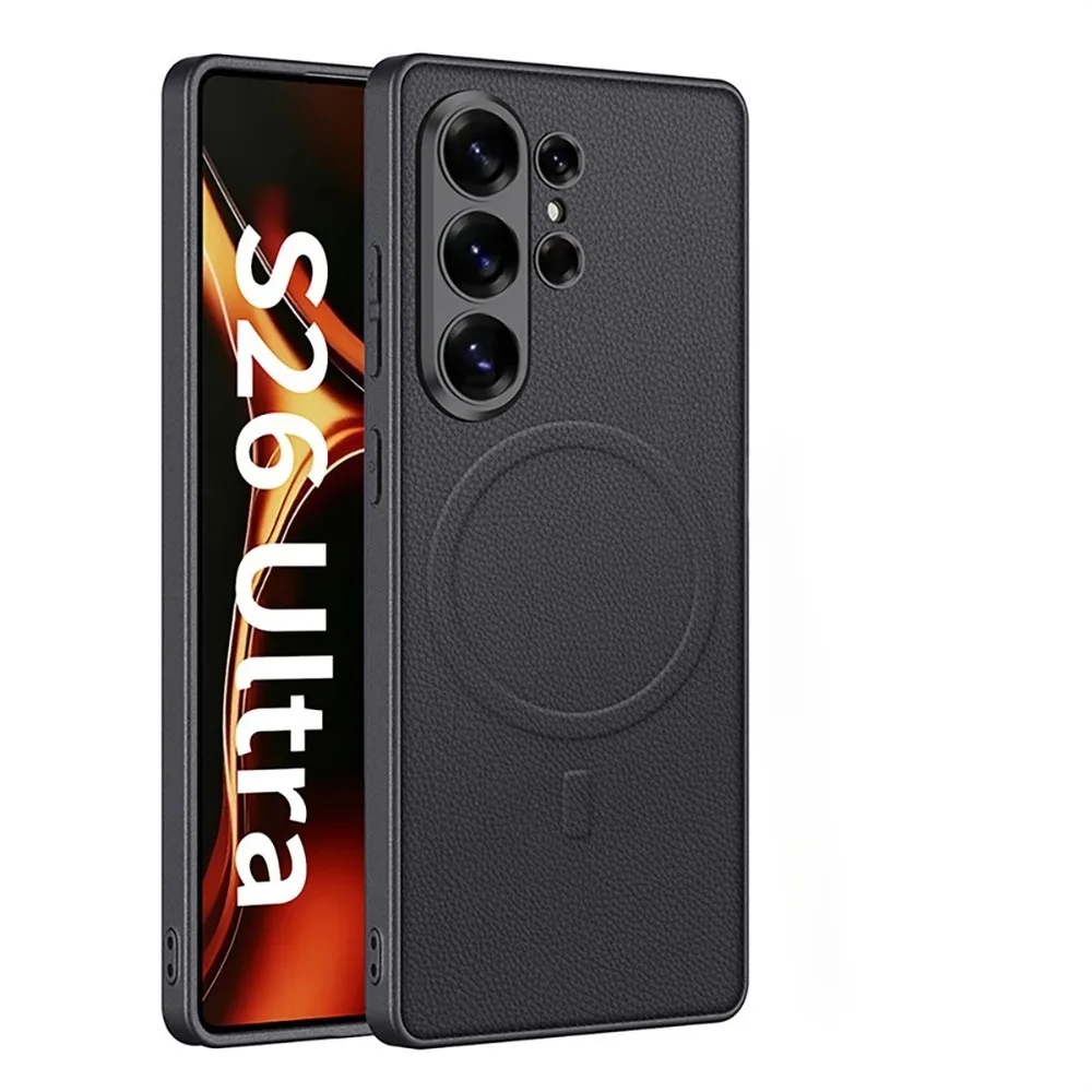 Luxuriöse Vegane Leder-Handyhülle mit Metallrahmen für Samsung Galaxy S26 Ultra S25Ultra, Kompatibel mit MagSafe Kabelloser Aufladung, Schutzhülle