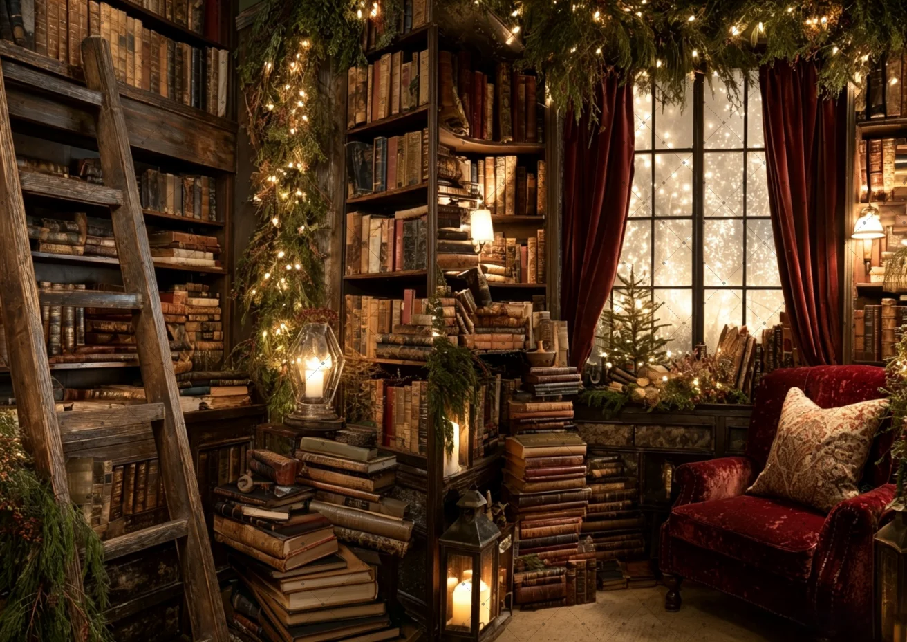 Vintage Library Xmas Backdrop Wooden Bookshelf Red Chair Window Candle Greenery Photo Background Cloth Family Studio Prop